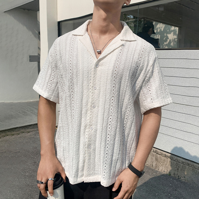 实拍2026夏季新款宽松垂坠感翻领短袖衬衫男轻奢风肌理感镂空提花