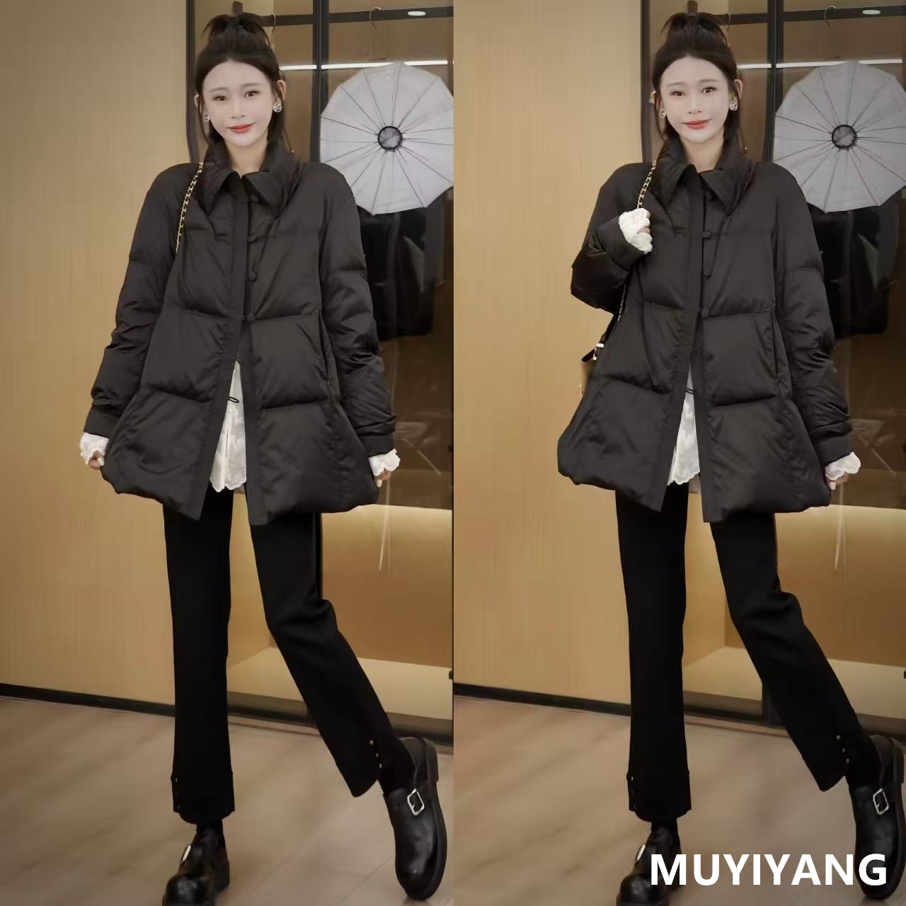 木易杨 黑色立领轻薄保暖羽绒服大码女装90白鸭绒盘扣外套25-477