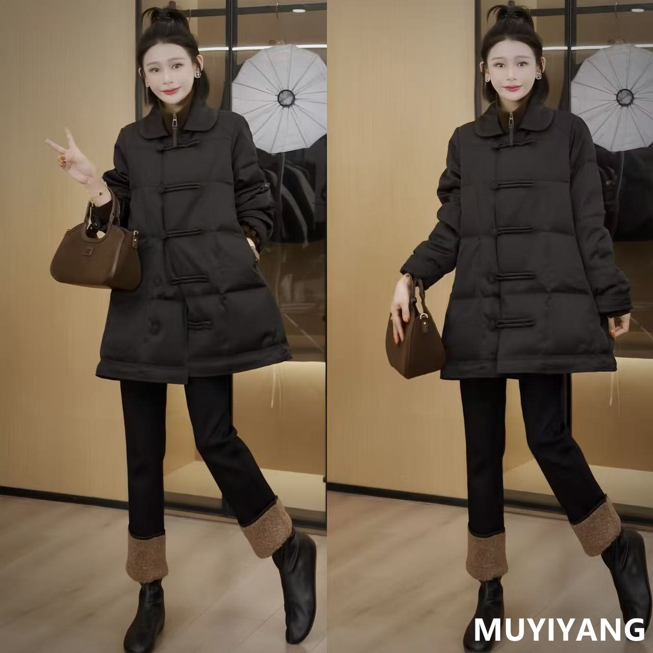 木易杨 黛扣设计感高级感洋气小众一字扣大码90白鸭绒高定羽绒服