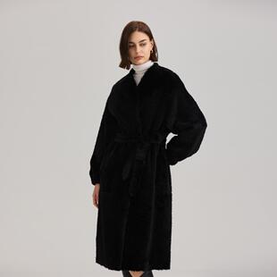 西班牙进口拉贡皮毛一体外套女2024新款V领宽松长款皮草筱伴之佳