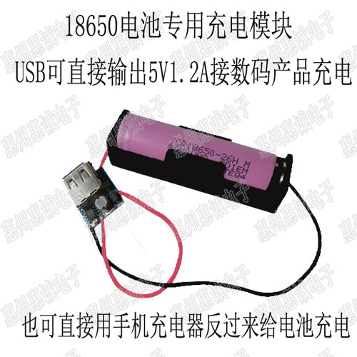 产品卖点：可以直接用手机充线连接给手机充电，反过来也可以用手机充电器直接对锂电池充电，充电放电二合一，超小体积，使用非常简单！ 注:图片中的电池是为了演示，发货时是不含电池的哦，只有一个模块和焊接好的单个电池盒！