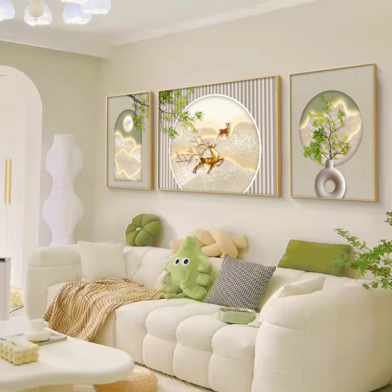 奶油风客厅装饰画现代简约沙发背景墙挂画福禄三联画2025新款壁画