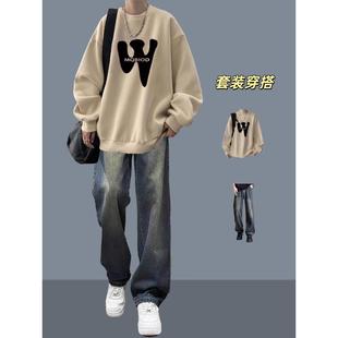 秋季无帽卫衣套装男款美式痞帅潮流青少年搭配一套帅气时髦衣服男
