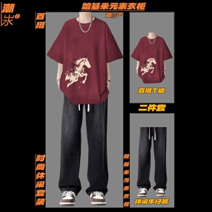 夏季男生马印花短袖T恤套装长裤两件套装潮牌运动休闲套装百搭款