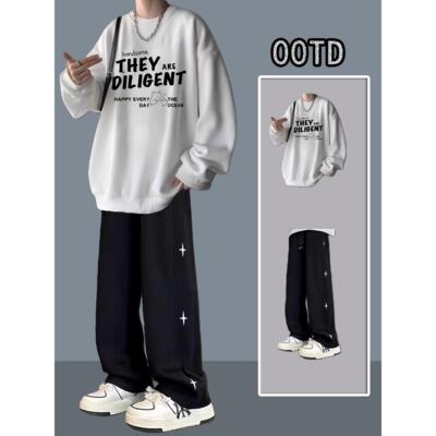 潮牌痞帅圆领卫衣男生重磅港风2025新款潮流加绒加厚无帽衣服男款