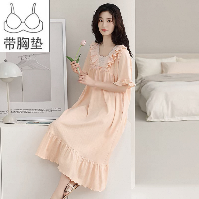 公主风睡裙夏季女款短袖纯棉中长款带胸垫睡衣夏天薄款孕妇家居服