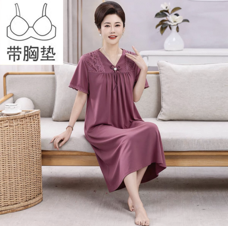夏季有胸垫睡衣女短袖睡裙薄款夏天纯棉女士加大码过膝盖老人睡裙