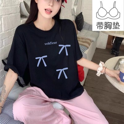 自带胸垫睡衣女夏季纯棉短袖薄款