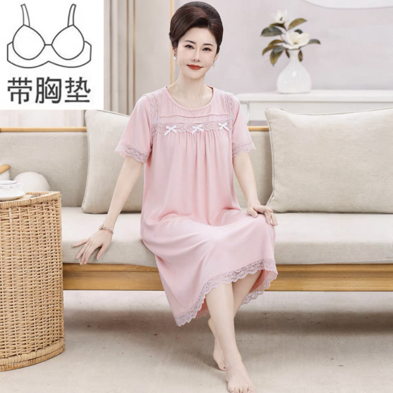 短袖女睡裙夏季纯棉清新甜美中裙带胸垫睡衣妈妈宽松免穿文胸外披