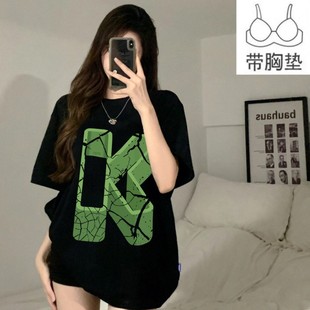 带胸垫睡衣女夏季短袖新款t恤单件上衣高级感家居服可爱黑色图案K