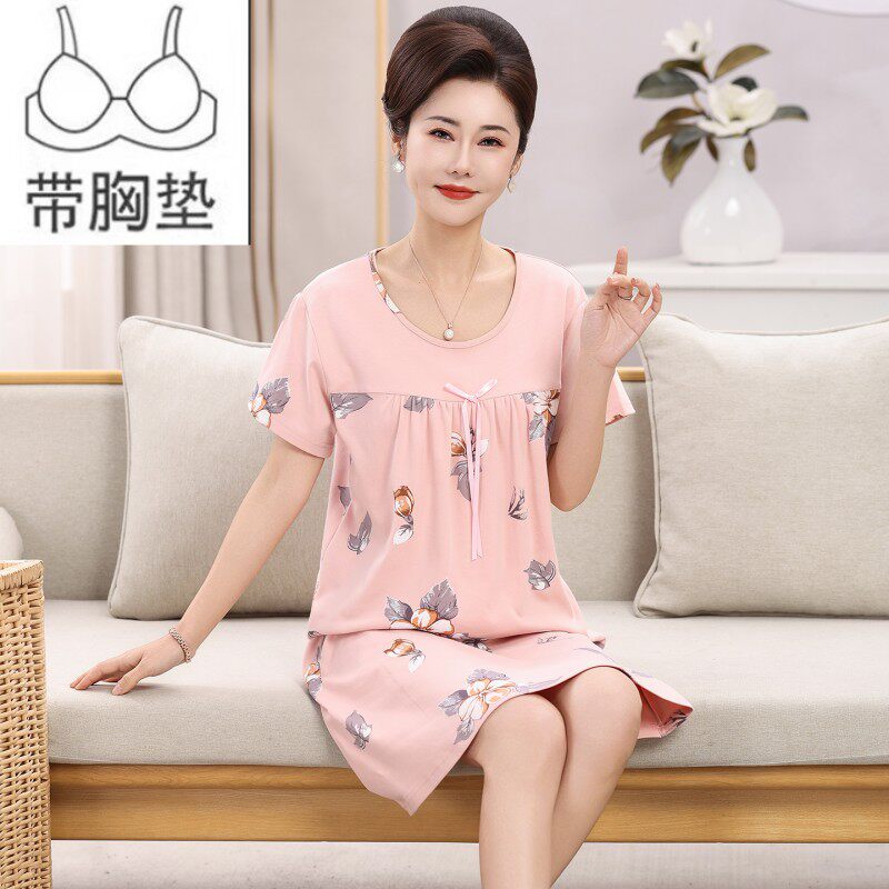 纯棉睡裙女中年妈妈夏季薄款睡衣家居服夏天老年人短袖自带文胸垫