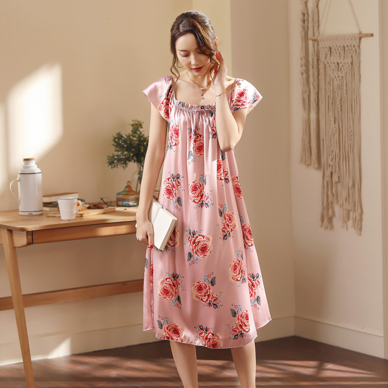 冰丝睡裙女夏季短袖真丝绸睡衣胖mm200斤大码宽松桑蚕丝家居服裙