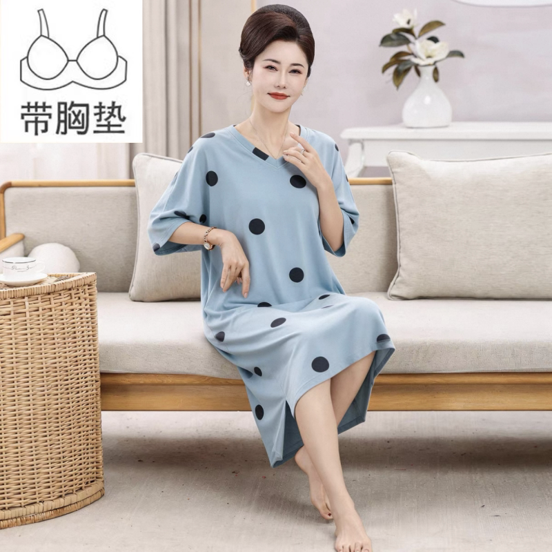 睡裙女夏季莫代尔短袖带胸垫睡衣薄款裙子宽松大码性感孕妇连衣裙
