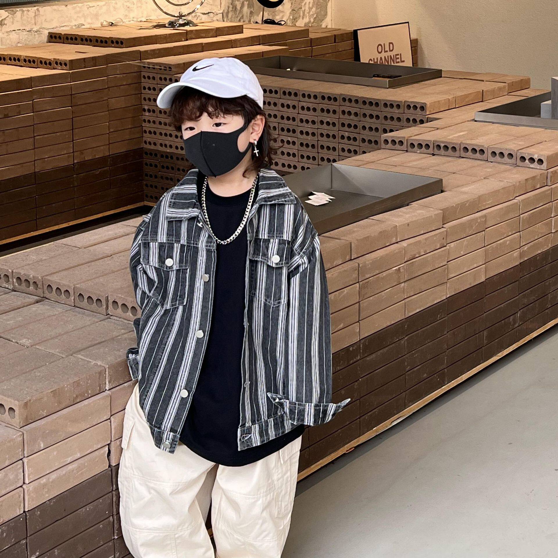 皮皮虾 秋款外套男童市场好穿帅气衬衫外套厚实条纹翻领百搭上衣