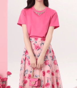 现货速发 2025年夏季新款气质法式纯色百搭重工订钻纯棉T恤上衣