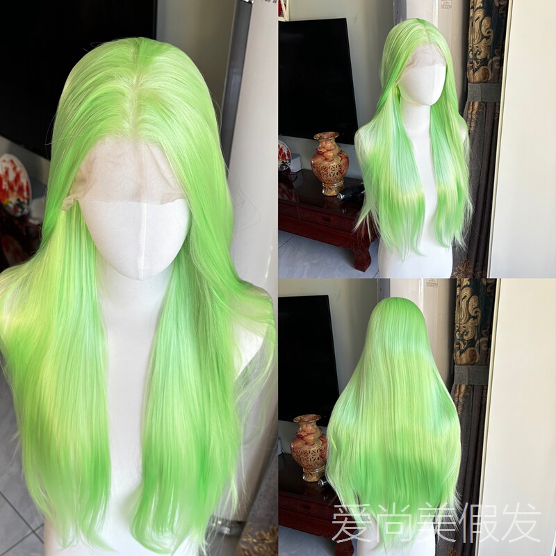 浅绿长直蕾丝手织自然发际线假发