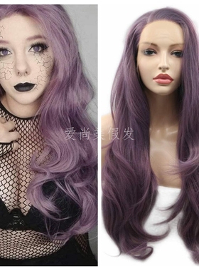 紫色蕾丝大手勾假发波浪高温丝随意分长卷发批发全头套假发
