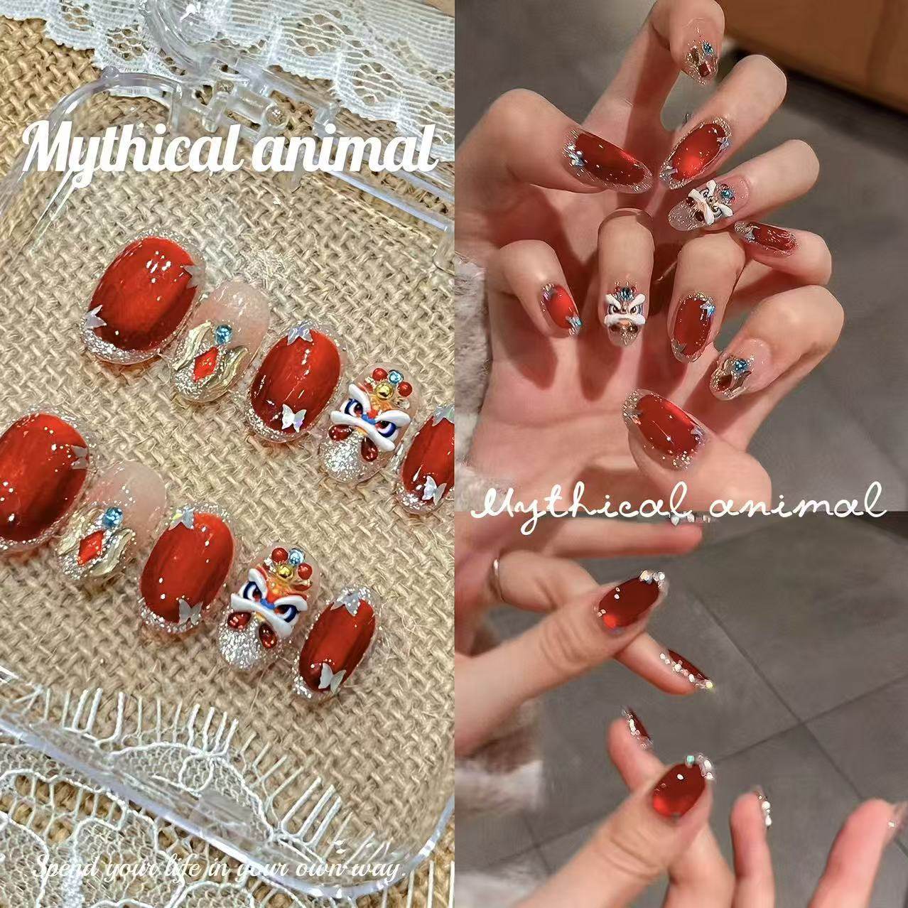 大吉大利新年战甲红色猫眼穿戴甲醒狮美甲重工美甲手工甲立体浮雕,彩妆/香水/美妆工具,穿戴甲/甲片,淘宝优惠券,粉丝福利购,淘宝优惠卷