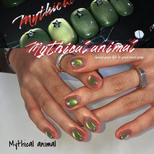 烂番茄！绿色猫眼ins爆款高级感手工穿戴甲银色星星科技显白美甲