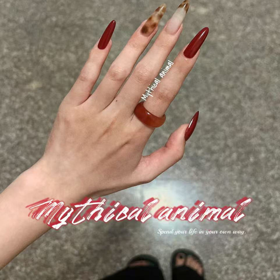 欧美法式琥珀甲红色辣妹穿戴甲