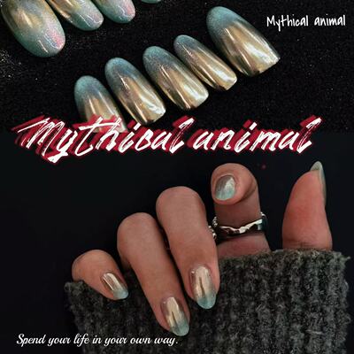 蓝宝石！爆闪爆款蓝色猫眼美甲纯手工魔镜粉美甲简约大气穿戴甲