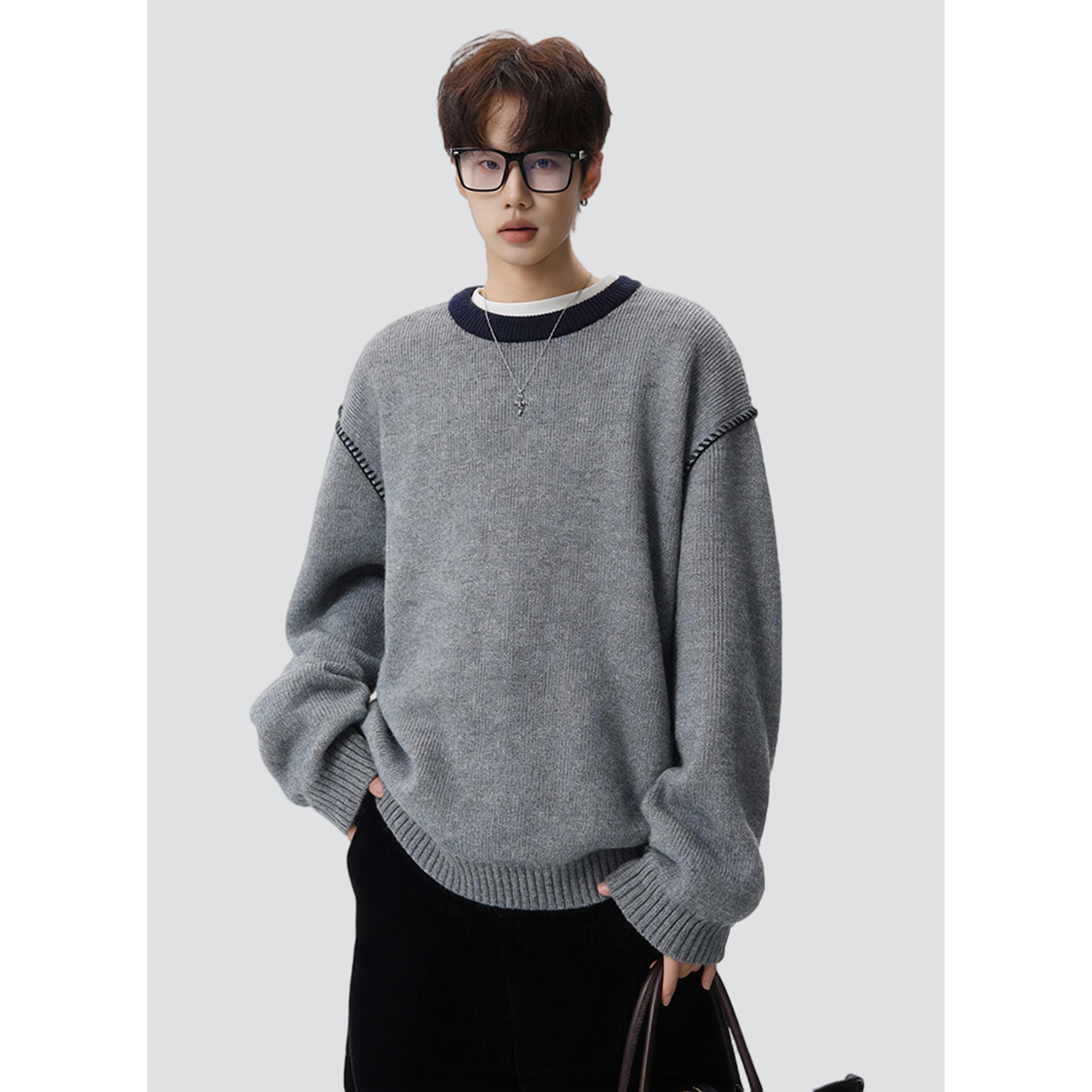 26春老钱风撞色手工明线圆领套头重磅男女情侣毛衣705-Y816-TP55，男装针织衫/毛衣，星座705