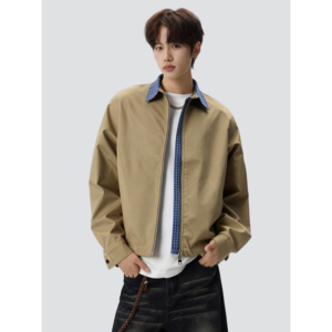 26春美式格子翻领潮拼接男士外套高级宽松短款上衣705-JK5886-P75，女装短外套，星座705