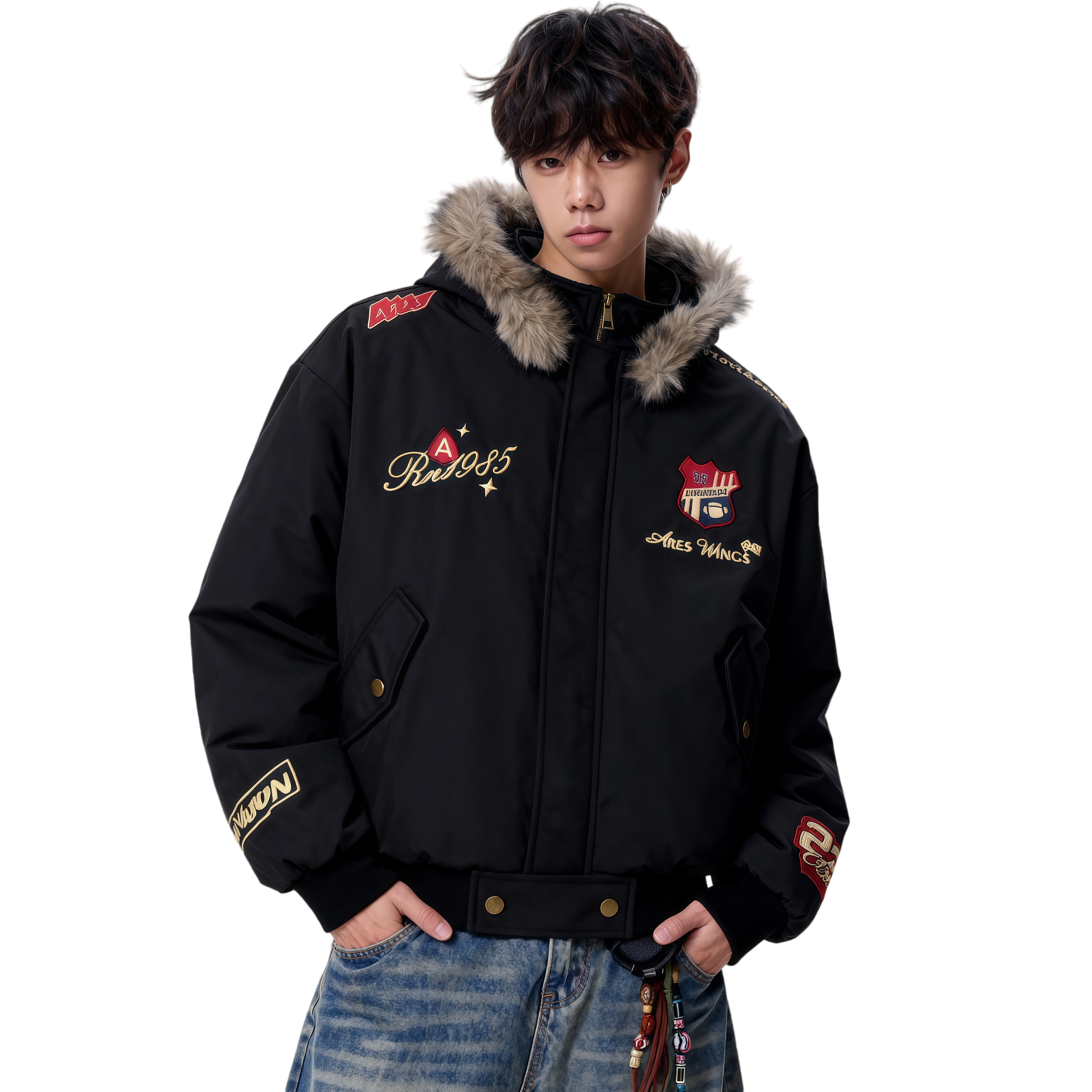 25冬复古刺绣徽章座山雕拆卸帽毛领美式暖棉服特批705-M3699-P100图片