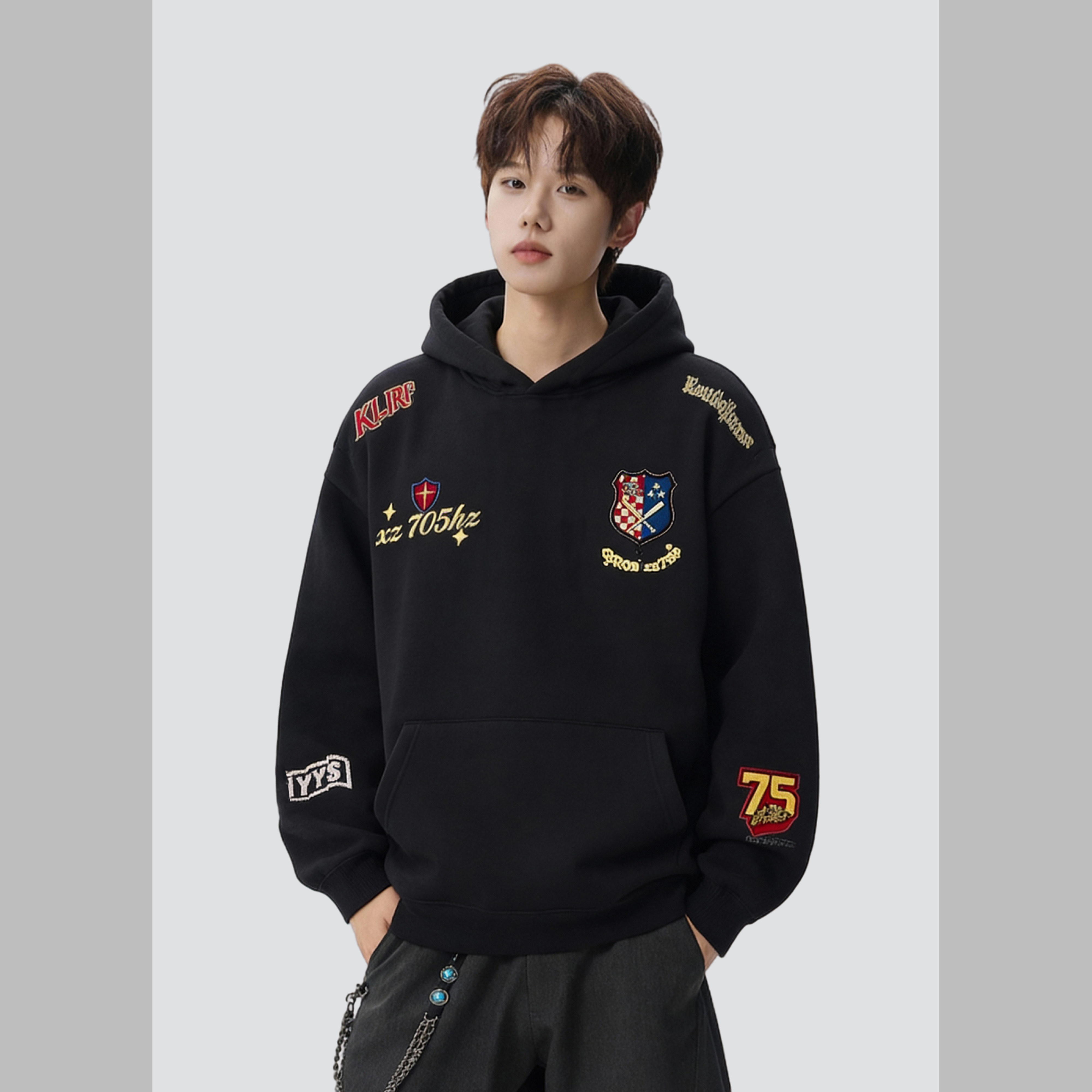 26春美式高街徽章刺绣外套连帽卫衣情侣男宽松705-WY1661-TP48，女装短外套，星座705