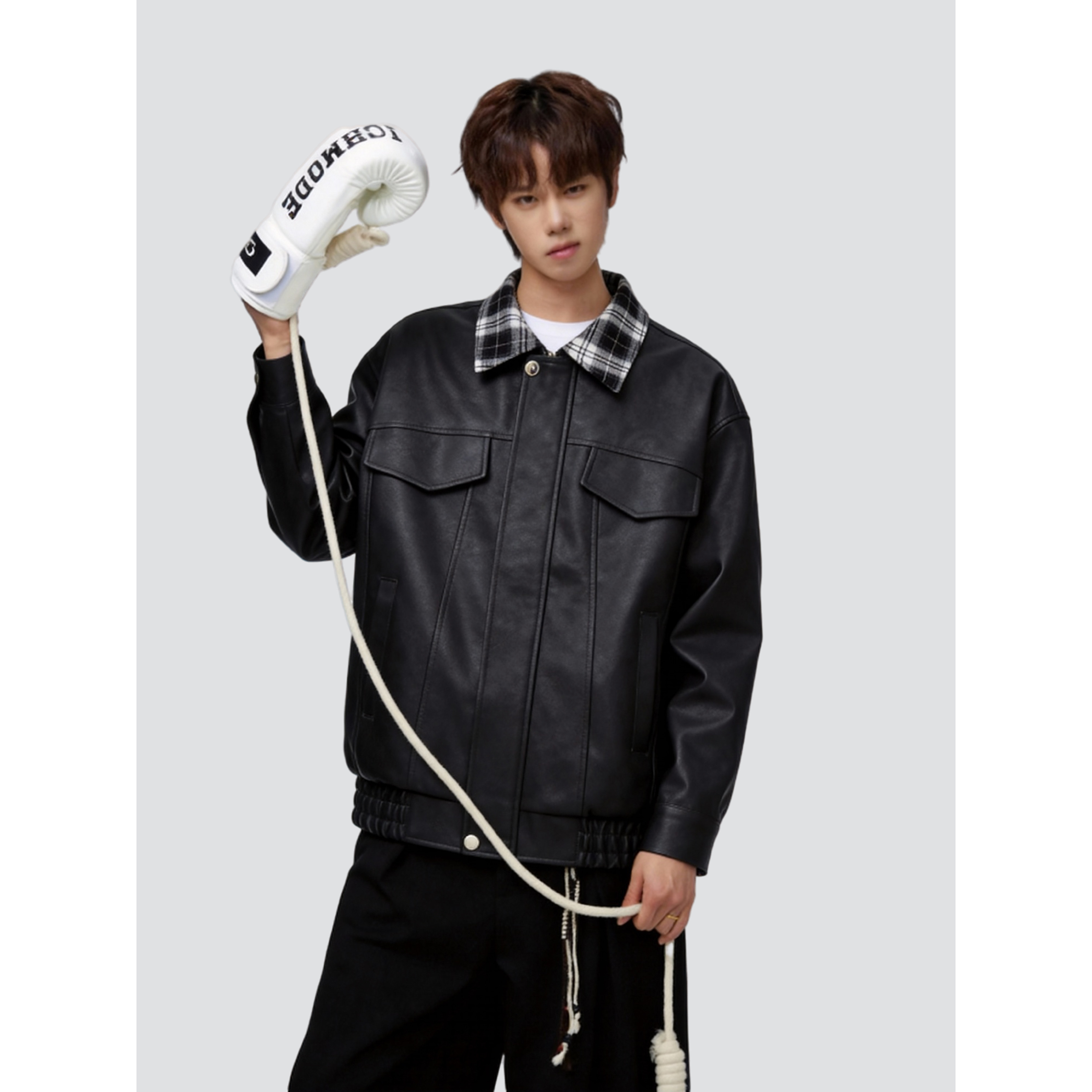 26春美式复古撞色格子翻领皮衣男女外套宽松上衣705-JK5887-特P70，男装皮衣，星座705