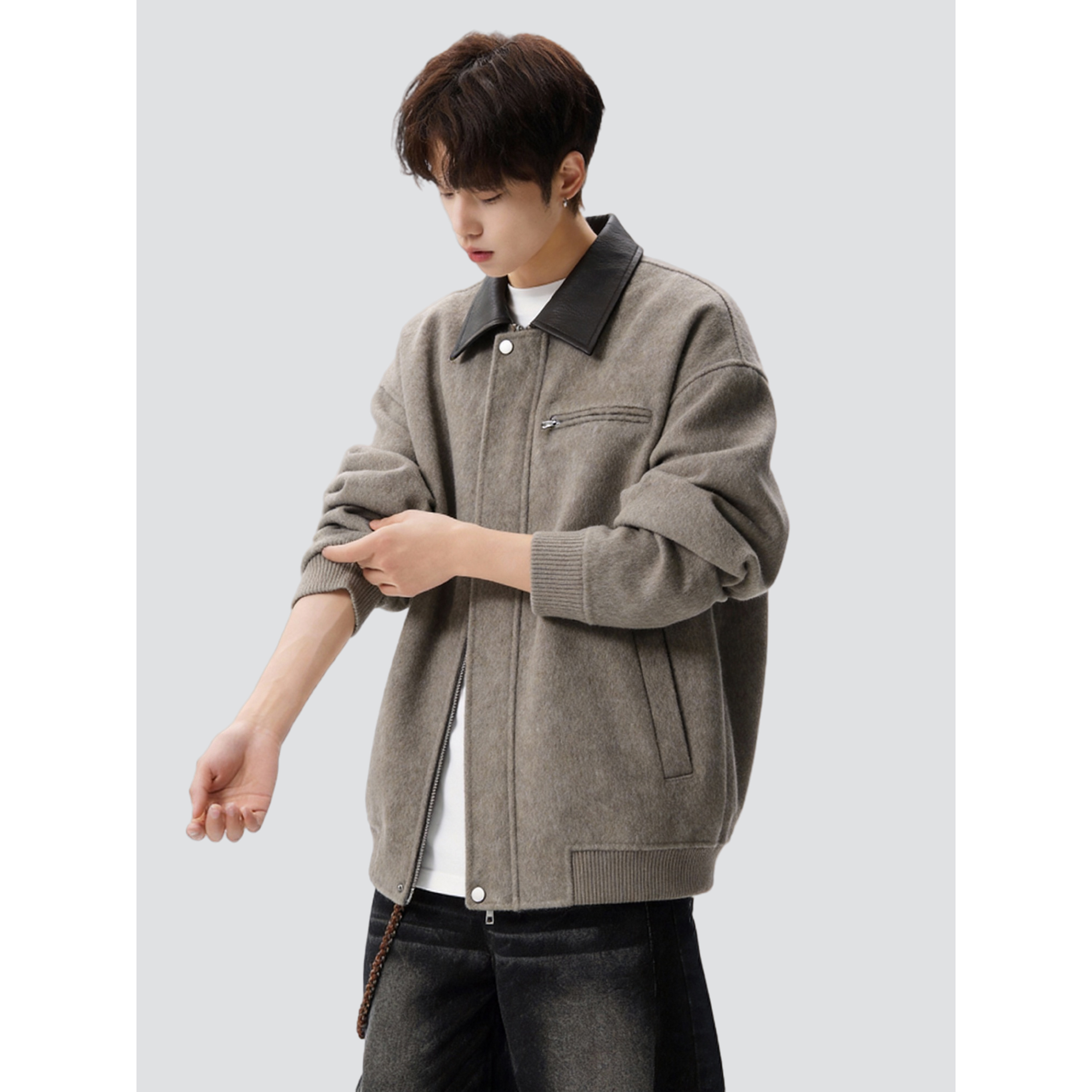 26春设计感毛呢外套皮翻领潮流高级宽松休闲夹克705-JK5890-特P85,男装夹克,星座705