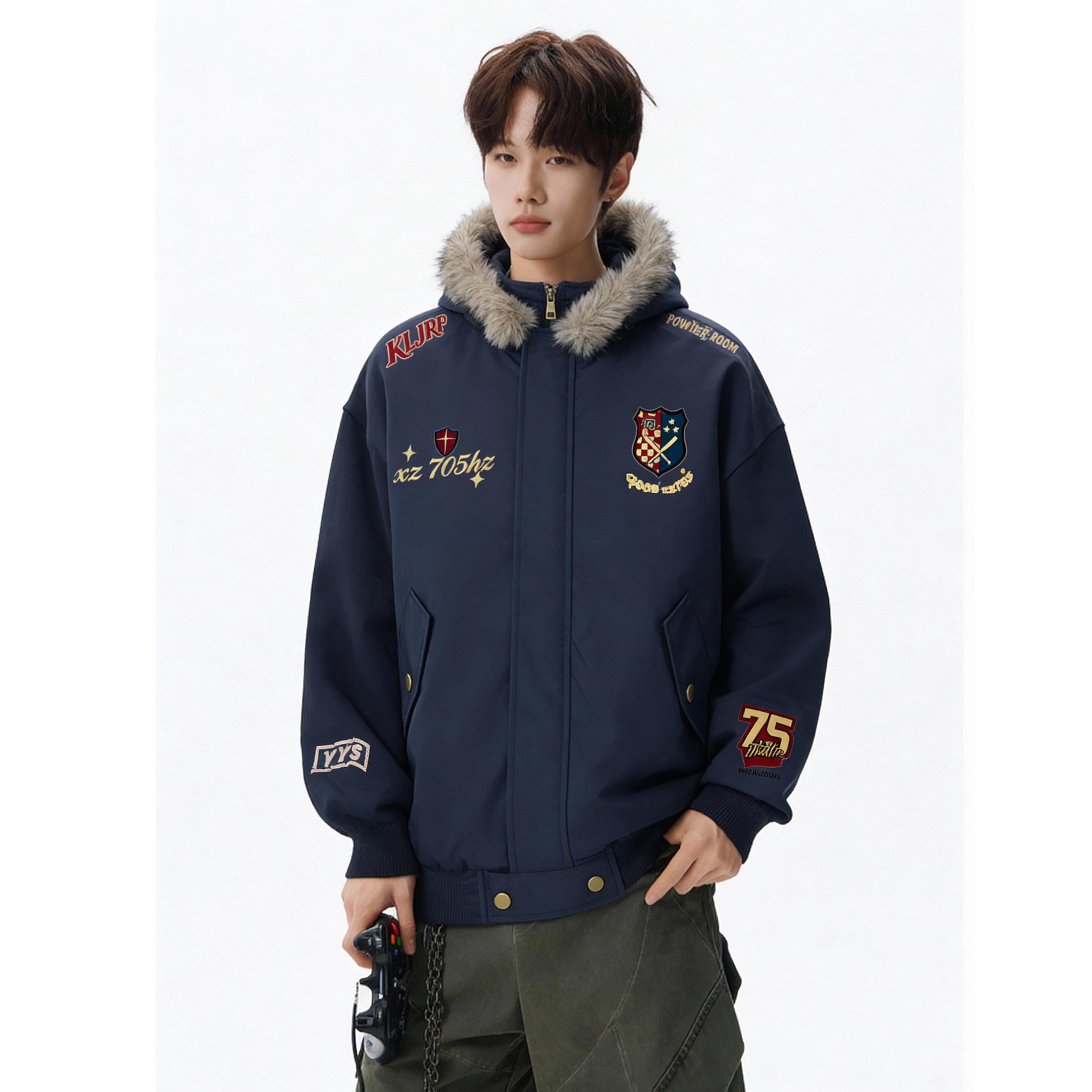 【三色现货高品质】复古刺绣徽章拆卸帽毛领棉服705-M73699-P100，男装棉衣，星座705