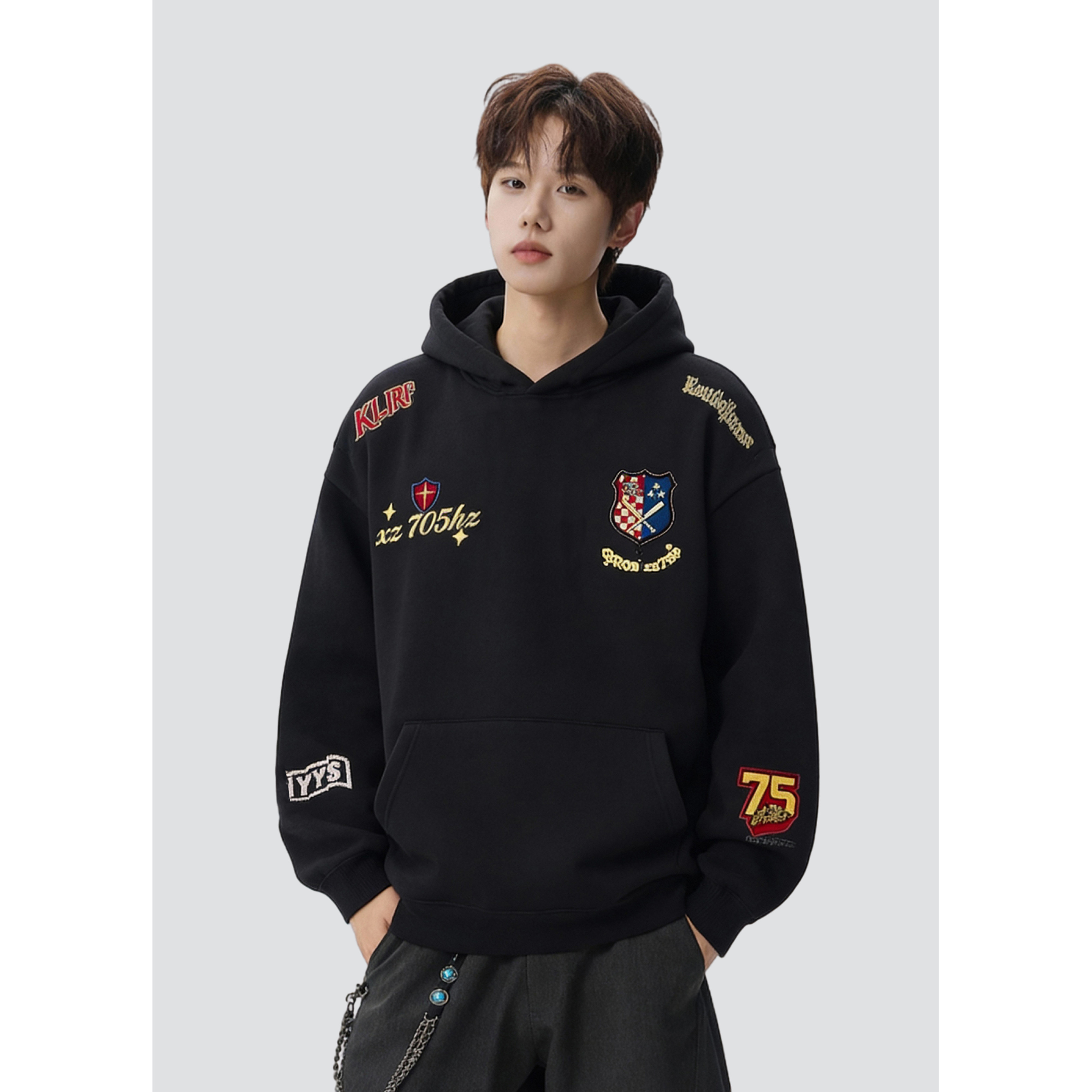 26春美式高街徽章刺绣外套连帽卫衣情侣男宽松705-WY1661-TP48，女装短外套，星座705