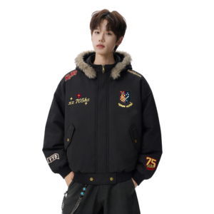 【三色现货高品质】复古刺绣徽章拆卸帽毛领棉服705-M73699-P100图片