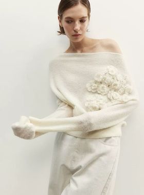 NONETONE · 斜肩一字领手钩花针织套头羊毛针织衫 慵懒风上衣