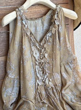 章海燕 新中式真丝印花花瓣领露肩气质连衣裙 度假休闲