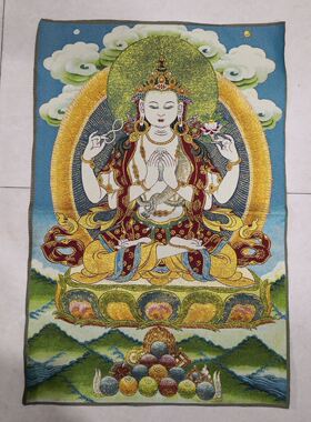 古玩杂项旧藏刺绣四臂观音挂画装饰画客厅书房茶室挂画
