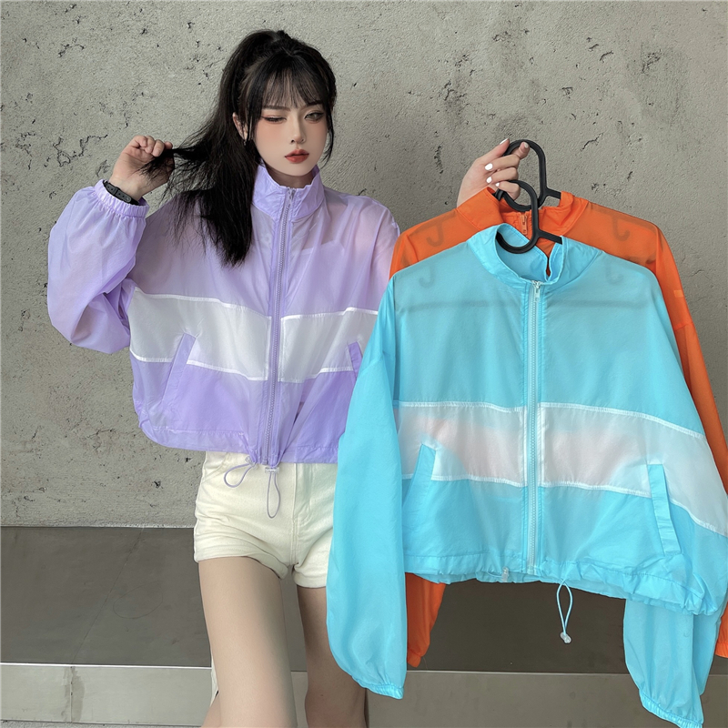 Real shot real price ~ sweet cool personality short versatile splicing drawstring sunscreen coat with small sling suit