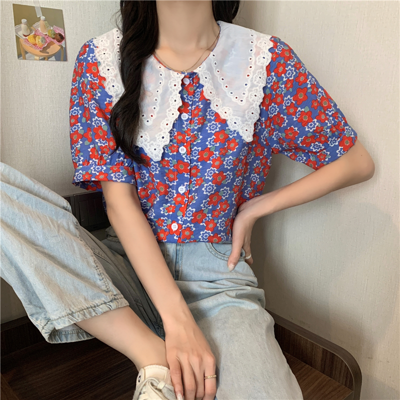 Real price ~ New Summer retro design bubble sleeve soft baby collar Floral Top