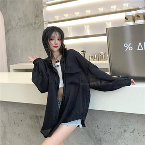 RY1583#个性甜BF风宽松中长款连帽抽绳口袋防晒开衫衬衣