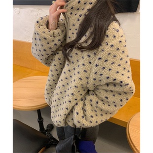 秒发 韩国复古波点点保暖夹棉上衣女 立领羊羔毛外套2025秋冬新款