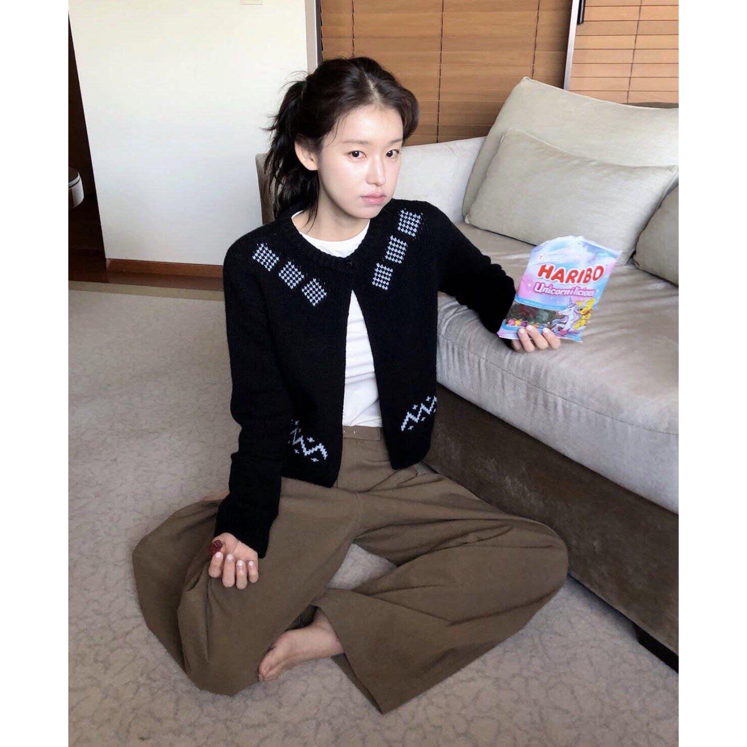 现！smoothmood可爱小马针织开衫休闲裤韩国费尔岛提花毛衣套装女