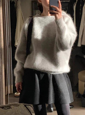 秒发！极简设计感韩国OUNCE甜美减龄纯色松紧高腰A字半身裙短裙女