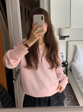 秒发！OUNCE纯色polo领针织衫25冬韩国宽松显瘦休闲长袖羊毛衫女