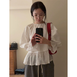 baby酱甜美蕾丝拼接衬衫 裙摆长袖 韩国春季 喇叭袖 上衣女 新款 现货