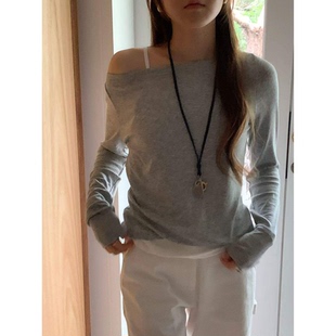 长袖 韩国休闲百搭一字肩薄款 T恤上衣女 新款 闭眼入OUNCE2026早春季