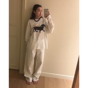 上衣女 宽松休闲白色落肩袖 baby酱腊肠狗印花T恤韩国2026春季 新款