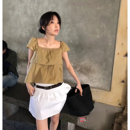 温柔天花板法式复古方领短袖衬衫韩国新款亚麻小飞袖上衣+半裙女