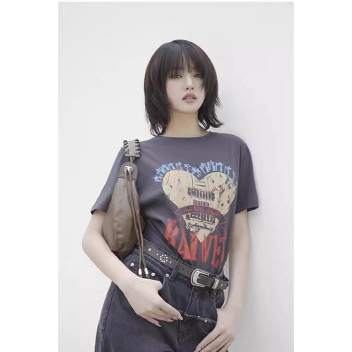 现货！车静媛同款短袖韩国26早春美式复古桃心涂鸦套头T恤上衣