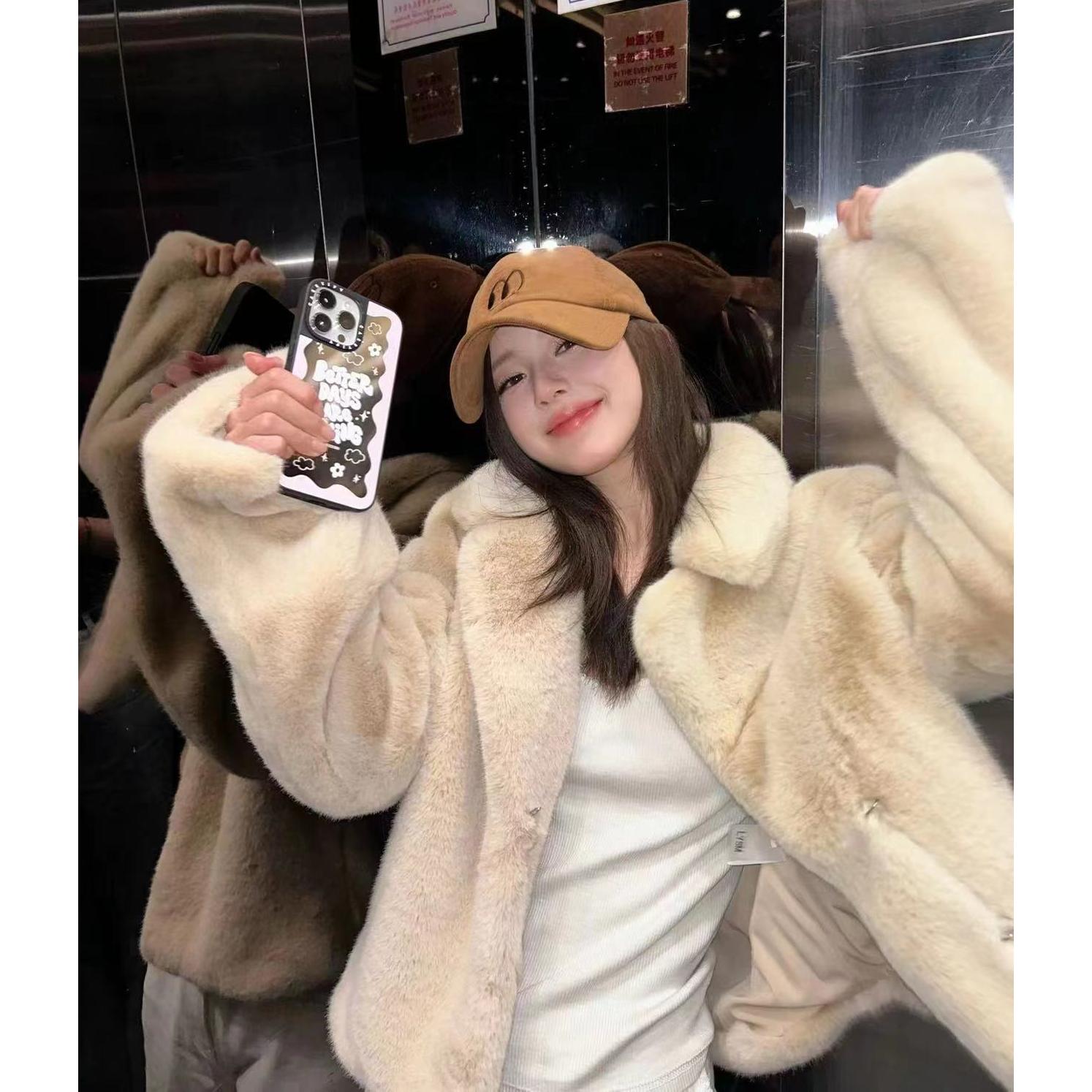 秒发！赵露思同款韩国设计师宽松简约纯色翻领单排扣皮草外套女